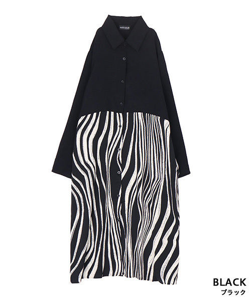 アートラインプリント切替長袖シャツワンピース 06-3036｜40代 50代 60
