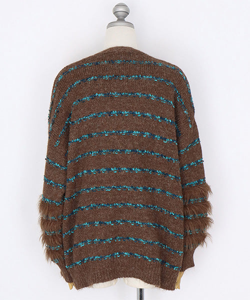 シャギーミックスボーダーニットカーディガン 06-3049｜40代 50代 60代