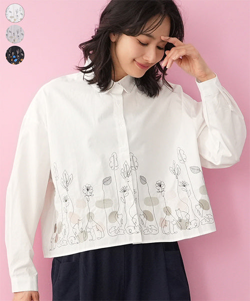 綿100％イラストステッチ刺繍ショート丈長袖シャツブラウス 06-3055