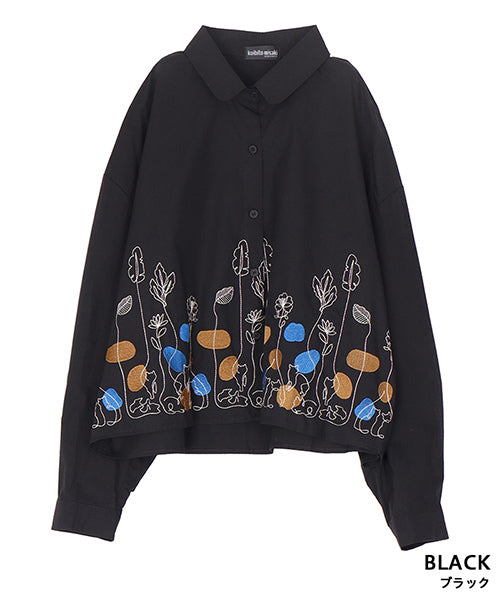 綿100％イラストステッチ刺繍ショート丈長袖シャツブラウス 06-3055