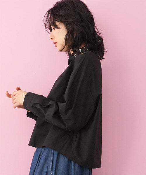 綿100％葉柄ステッチ刺繍ショート丈長袖シャツブラウス 06-3057｜40代