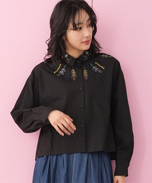 綿100％葉柄ステッチ刺繍ショート丈長袖シャツブラウス 06-3057｜40代