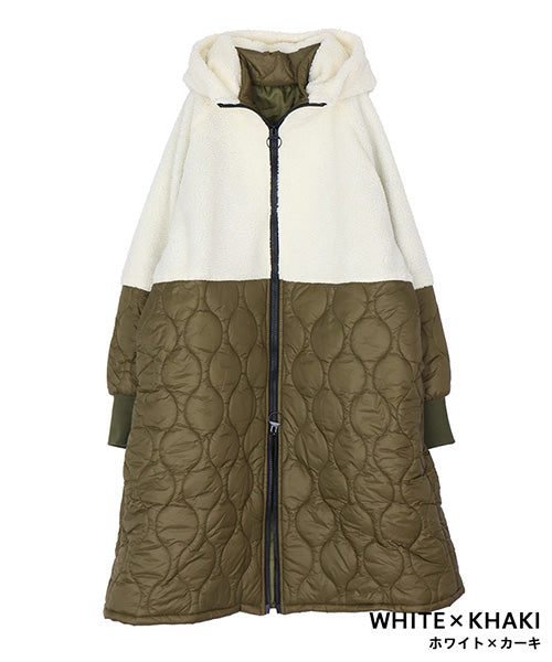 ボア×キルティング切替フード付き中綿ロングコート 06-3063｜40代 50代