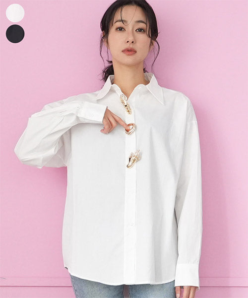 シャツ/ブラウス(長袖/七分) GP-86 Smoking Blouse White COFREX】 スタンド ビジューブラウス 長袖 レディースデザインシャツ(S