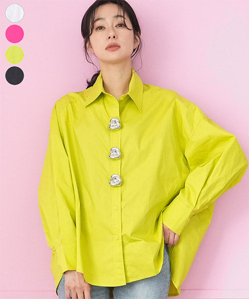 綿100％ビッグボタン変形切替ドロップショルダーシャツブラウス 06