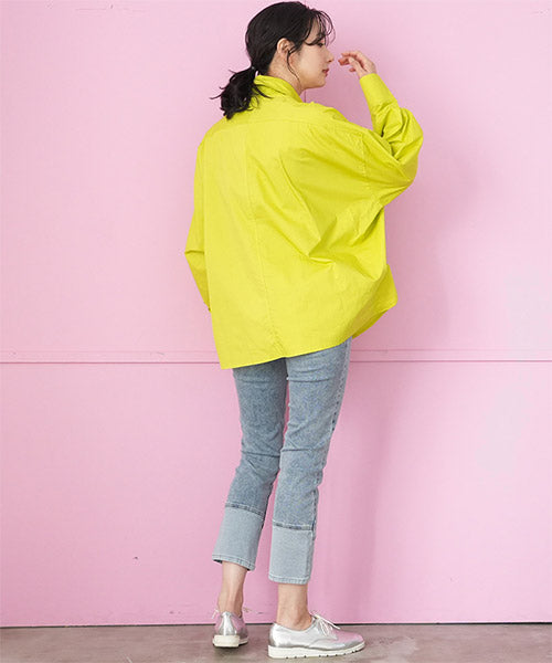 綿100％ビッグボタン変形切替ドロップショルダーシャツブラウス 06