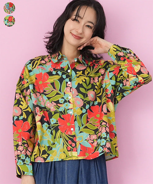綿100％ボタニカルプリントショート丈長袖シャツブラウス 06-3081