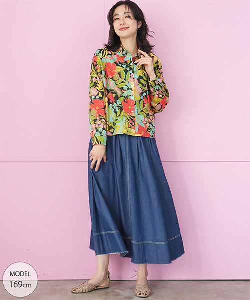 綿100％ボタニカルプリントショート丈長袖シャツブラウス 06-3081