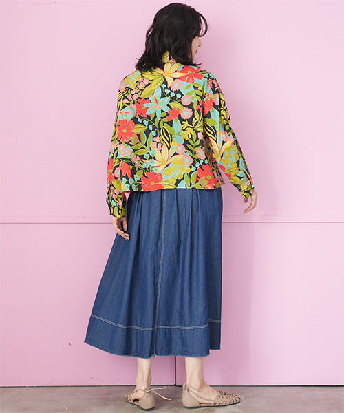 綿100％ボタニカルプリントショート丈長袖シャツブラウス 06-3081