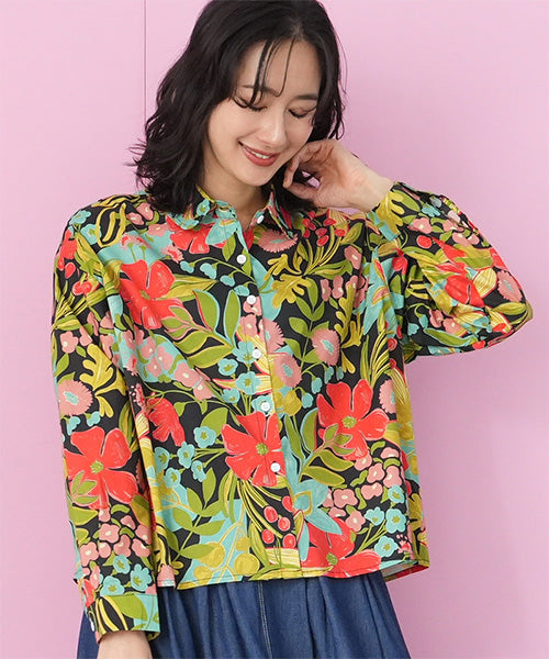 綿100％ボタニカルプリントショート丈長袖シャツブラウス 06-3081