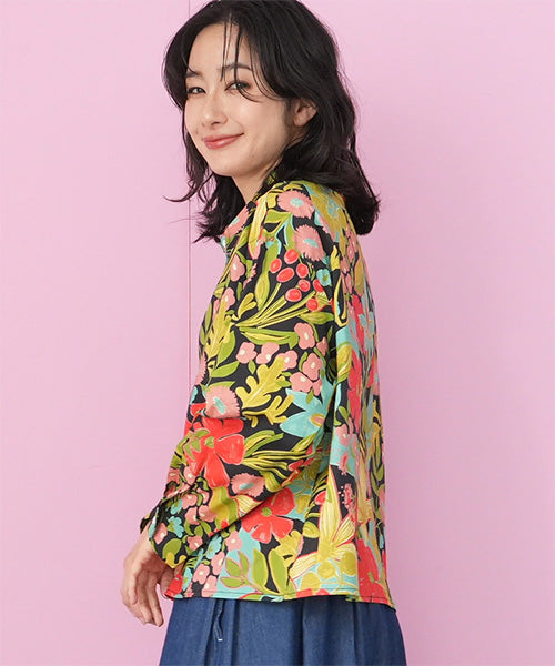 綿100％ボタニカルプリントショート丈長袖シャツブラウス 06-3081
