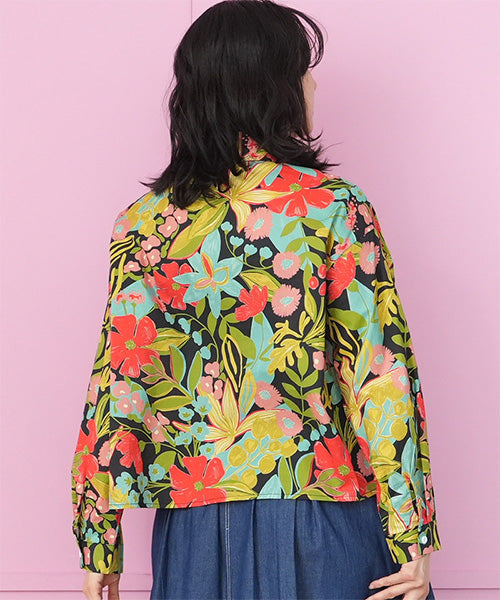 綿100％ボタニカルプリントショート丈長袖シャツブラウス 06-3081