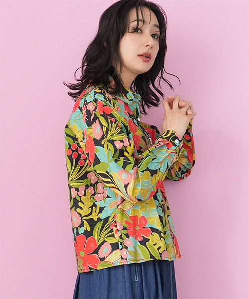 綿100％ボタニカルプリントショート丈長袖シャツブラウス 06-3081