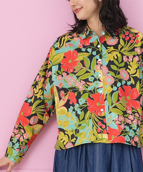 綿100％ボタニカルプリントショート丈長袖シャツブラウス 06-3081
