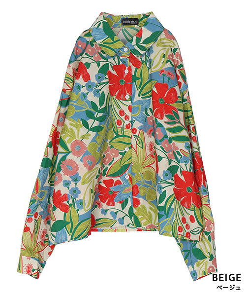 綿100％ボタニカルプリントショート丈長袖シャツブラウス 06-3081