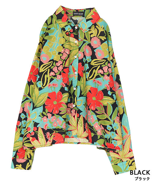 綿100％ボタニカルプリントショート丈長袖シャツブラウス 06-3081