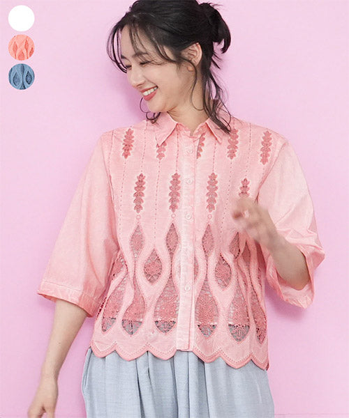 綿100％ボタニカルコード刺繍ショート丈シャツブラウス 06-3083｜40代