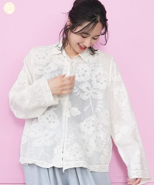 綿100％ボタニカル柄総レース刺繍長袖シャツブラウス 06-3087｜40代 50