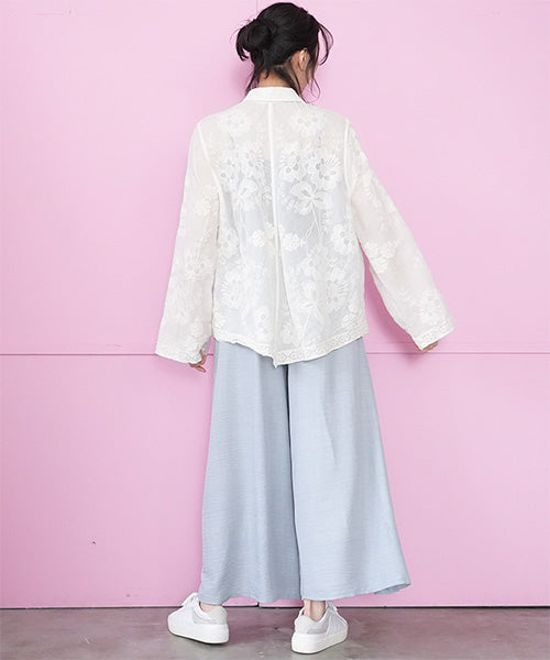 綿100％ボタニカル柄総レース刺繍長袖シャツブラウス 06-3087｜40代 50