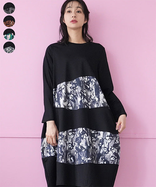 アートプリントランダム切替ロングワンピース 06-3092｜40代 50代 60代