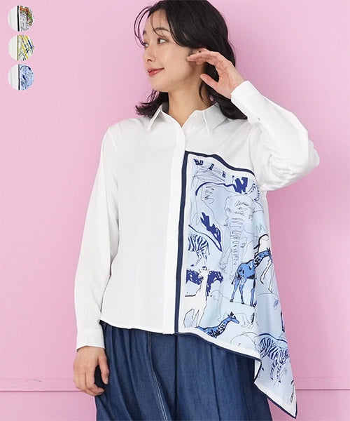 シャツカラーイラストプリントイレギュラーヘムシャツブラウス 06-3096