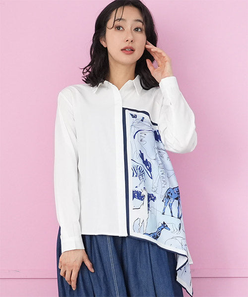 シャツカラーイラストプリントイレギュラーヘムシャツブラウス 06-3096