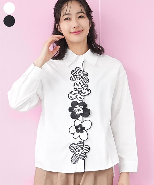 綿100％花モチーフ刺繍ワイドシルエットシャツブラウス
