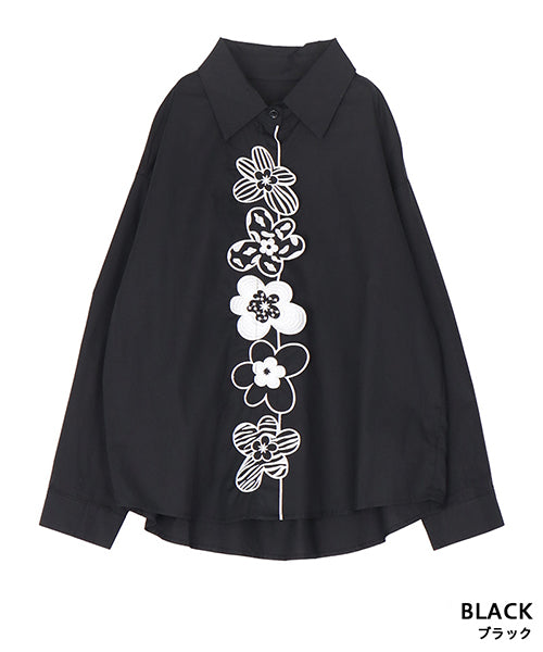 綿100％花モチーフ刺繍ワイドシルエットシャツブラウス 06-3100｜40代