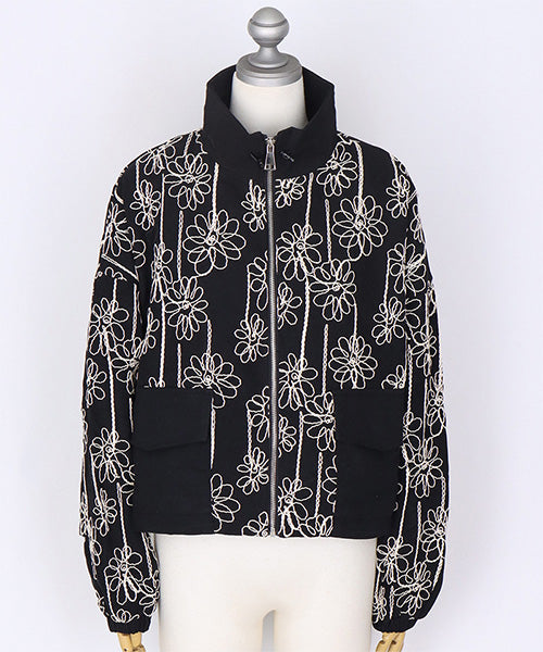 フラワーコード刺繍ショート丈ブルゾン 06-3104｜40代 50代 60代 大人