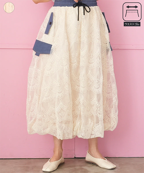 ウエストゴムレース刺繍バルーンスカート 06-3107｜40代 50代 60代