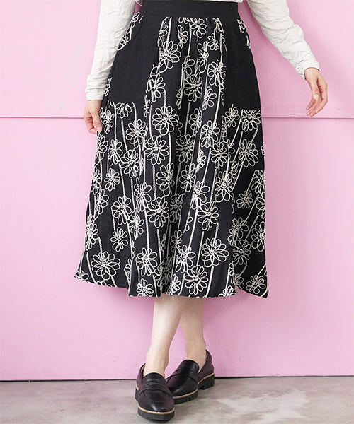 ウエストゴムフラワー刺繍フレアスカート 06-3108