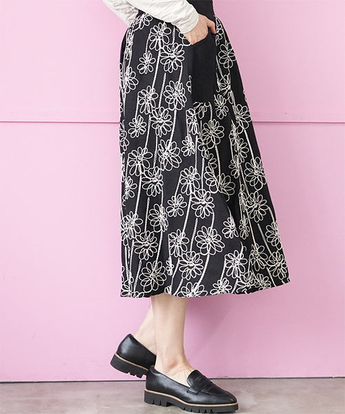 ウエストゴムフラワー刺繍フレアスカート 06-3108