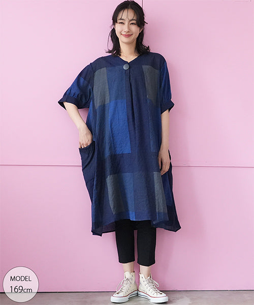 綿100％ブロックチェックビッグシルエット半袖ワンピース 06-3118｜40