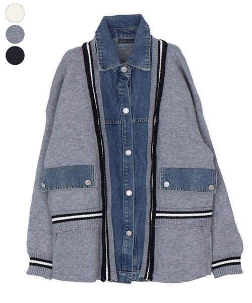 デニムレイヤード風ニットカーディガン 06-3127｜40代 50代 60代 大人