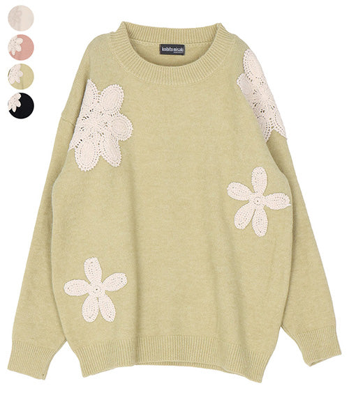 フラワーレースアップリケニットプルオーバー 06-3133｜40代 50代 60代