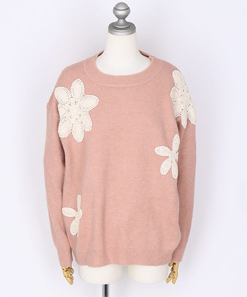 フラワーレースアップリケニットプルオーバー 06-3133｜40代 50代 60代