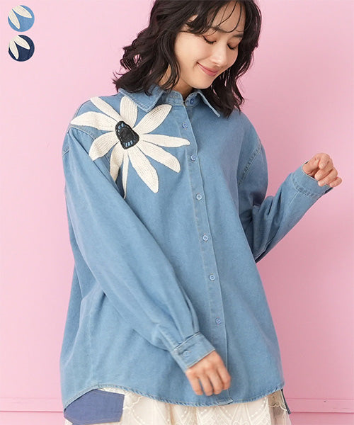 綿100％花パッチワーク刺繍シャンブレーシャツブラウス 06-3140｜40代