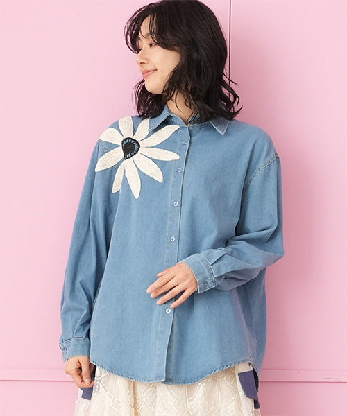 綿100％花パッチワーク刺繍シャンブレーシャツブラウス 06-3140｜40代 
