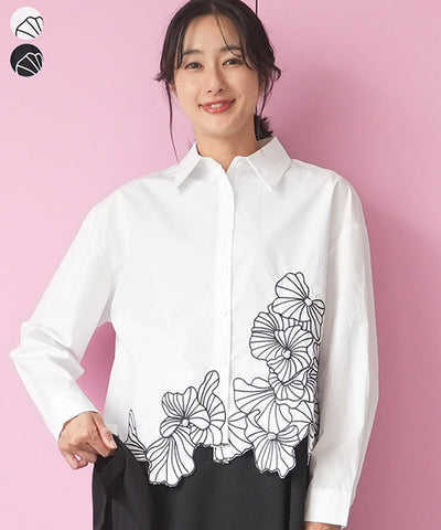 綿100％ボタニカル刺繍長袖シャツブラウス 06-3173｜40代 50代 60代