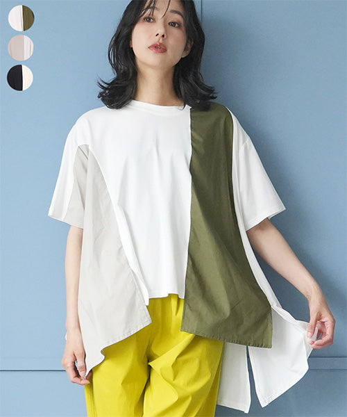 異素材切替裾変形半袖Tシャツカットソー 06-3204