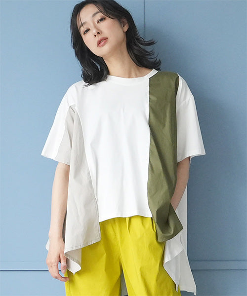 異素材切替裾変形半袖Tシャツカットソー 06-3204