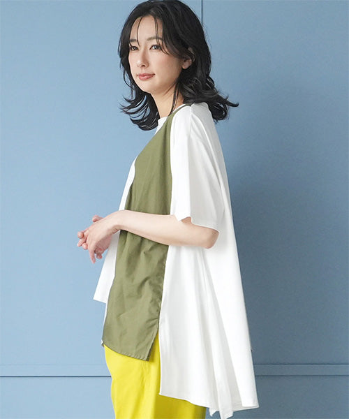 異素材切替裾変形半袖Tシャツカットソー 06-3204