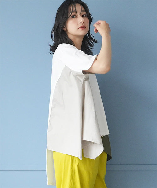 異素材切替裾変形半袖Tシャツカットソー 06-3204