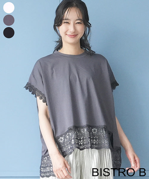 レース刺繍切替フレンチスリーブTシャツカットソー 06-3207｜40代 50代