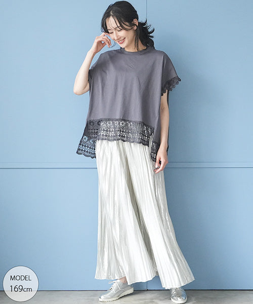 レース刺繍切替フレンチスリーブTシャツカットソー 06-3207｜40代 50代