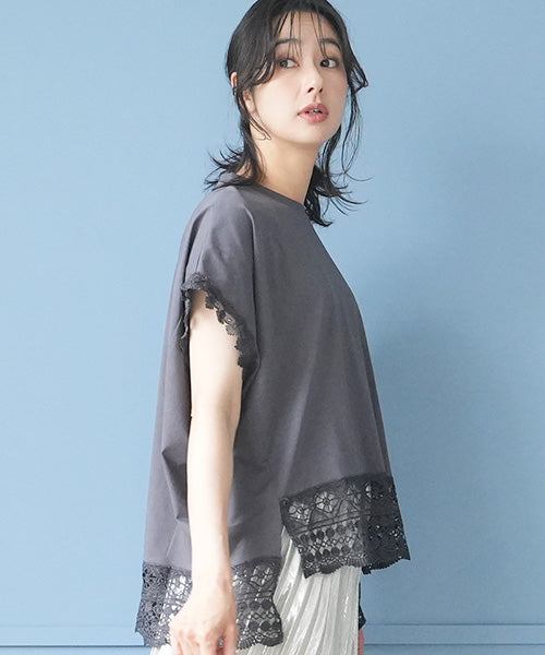 レース刺繍切替フレンチスリーブTシャツカットソー 06-3207｜40代 50代