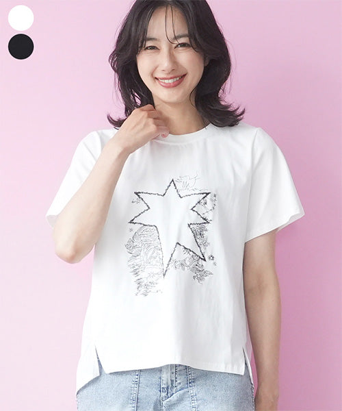 イラスト風刺繍異素材切替半袖Tシャツカットソー 06-3209