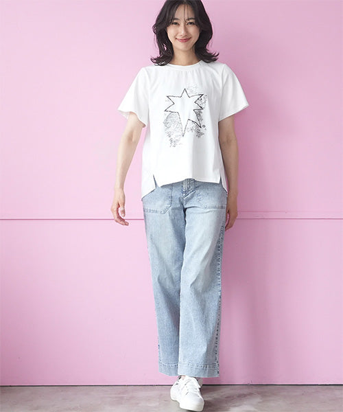 イラスト風刺繍異素材切替半袖Tシャツカットソー 06-3209