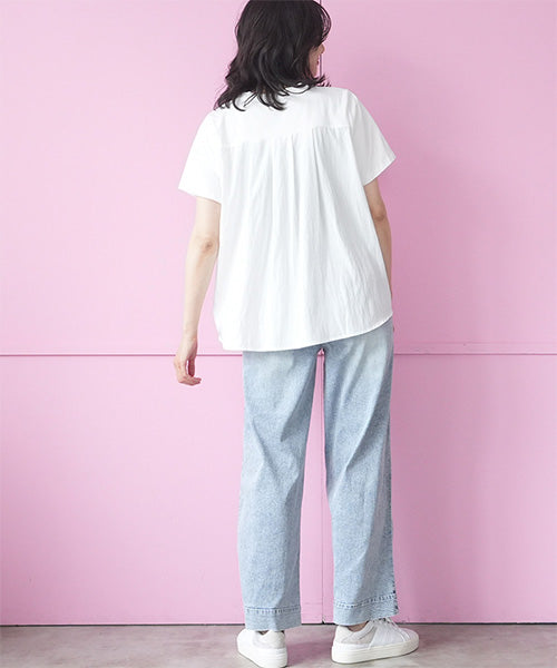 イラスト風刺繍異素材切替半袖Tシャツカットソー 06-3209