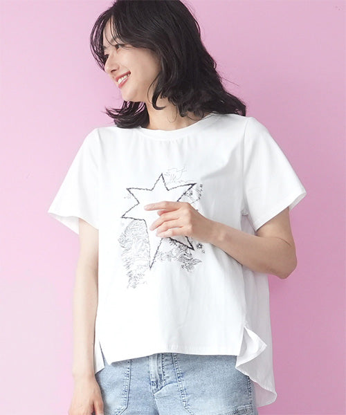 イラスト風刺繍異素材切替半袖Tシャツカットソー 06-3209